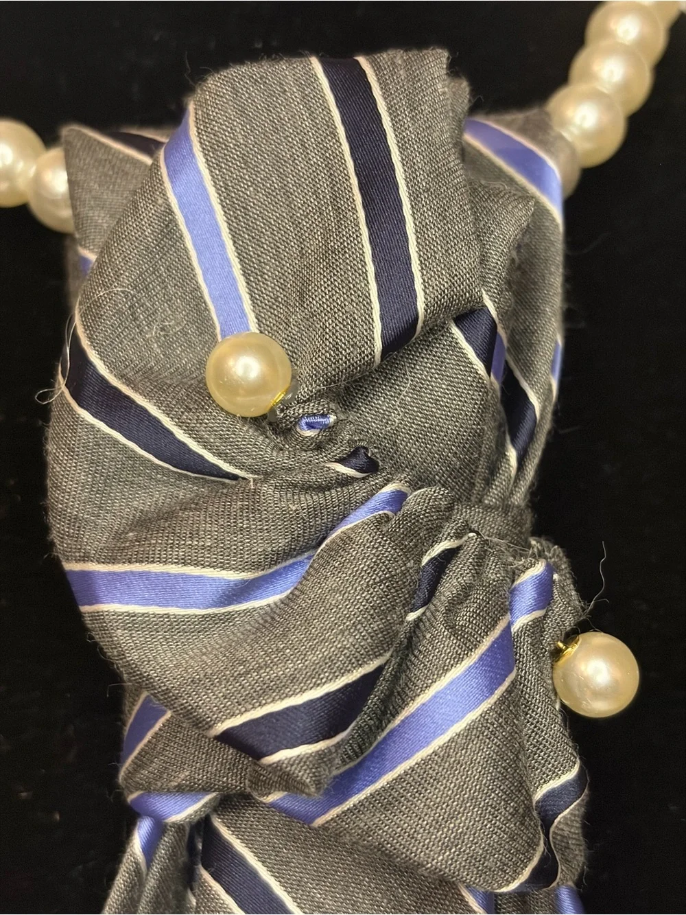 Jones New York Gray and Blue Striped Silk Tie Scarf with Pearl Accents